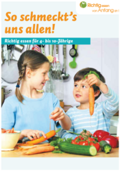 Cover Broschüre "So schmeckt's uns allen!" Das Mädchen schält eine Karotte. Schaut dabei einen Buben an. Der Bub hält eine Karotte hoch und zeigt es dem Mädchen.